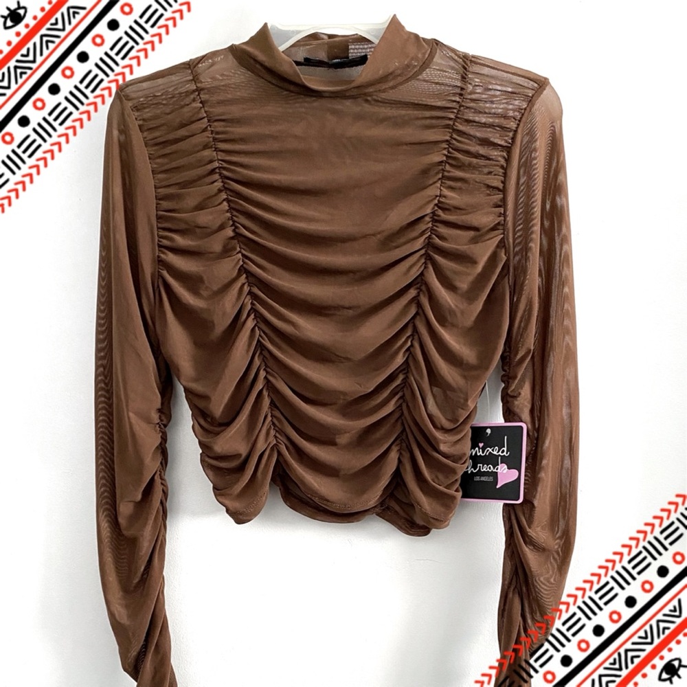 Mixed Threads (juniors) ruched mesh long sleeve top, brown